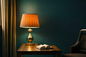 a lamp sits on a table next to a book. AI-Generated photo