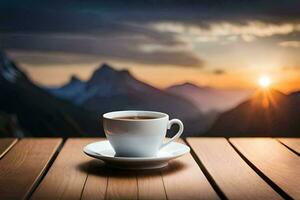 coffee cup on the table in the mountains. AI-Generated photo