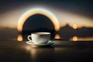 a cup of coffee on a table in front of a blurry background. AI-Generated photo