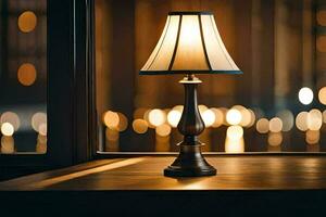 a lamp sitting on a table in front of a window. AI-Generated photo