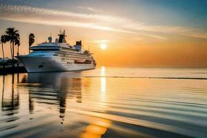 un crucero Embarcacion en el Oceano a puesta de sol. generado por ai foto