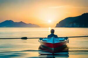 a man in a boat at sunset. AI-Generated photo