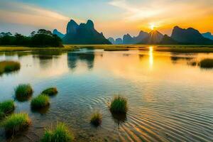 the sun rises over the mountains in china. AI-Generated photo
