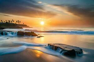 un hermosa puesta de sol terminado el Oceano con olas estrellarse dentro el costa. generado por ai foto