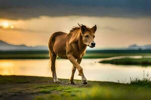 un caballo caminando a lo largo un camino cerca un lago. generado por ai foto