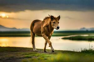 a horse walking along a path near a lake. AI-Generated photo