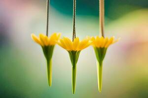 three yellow flowers hanging from strings. AI-Generated photo