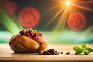 a pastry with meat and herbs on a wooden table. AI-Generated photo