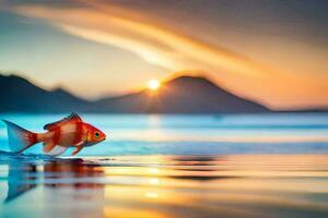 a fish is walking on the beach at sunset. AI-Generated photo