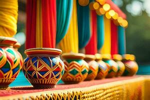 colorful pots lined up on a table with colorful fabric. AI-Generated photo