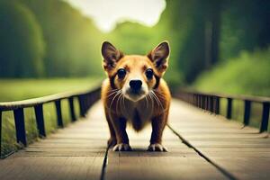 a dog is standing on a wooden bridge. AI-Generated photo