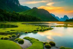 el río es un hermosa paisaje en el montañas. generado por ai foto