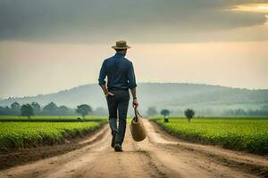 a man walking down a dirt road with a bag. AI-Generated photo