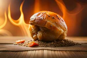 a chicken is sitting on top of a wooden table with a flame in the background. AI-Generated photo