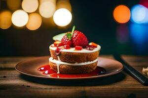 a cake with strawberries and cream on a wooden table. AI-Generated photo