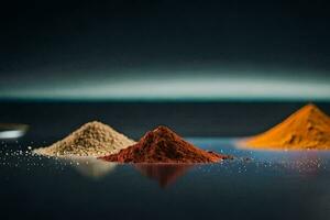 three different types of spices are shown on a table. AI-Generated photo