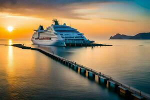 un crucero Embarcacion atracado a el muelle a puesta de sol. generado por ai foto