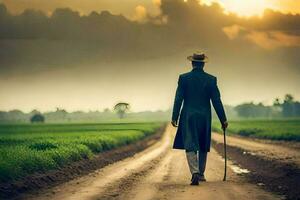 a man in a suit walks down a dirt road. AI-Generated photo