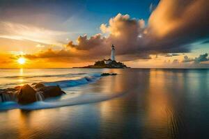 un faro es visto en el puesta de sol con olas estrellarse dentro el costa. generado por ai foto