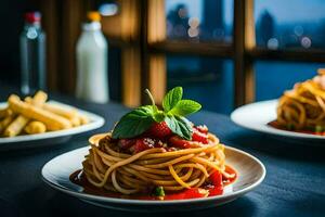 espaguetis con tomate salsa y papas fritas en un mesa. generado por ai foto