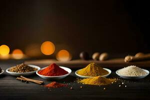 various spices and spices on a table. AI-Generated photo