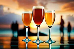 three glasses of beer on a table with a sunset in the background. AI-Generated photo