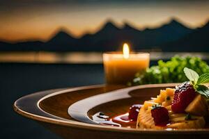 a plate of pasta with berries and a candle on a table in front of a mountain. AI-Generated photo