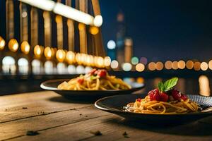 pasta with tomato sauce and basil leaves on a wooden table in front of the river. AI-Generated photo