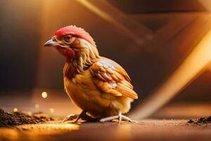 un pollo es en pie en el suelo con un ligero brillante en él. generado por ai foto