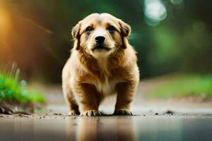 un dorado perdiguero perrito en pie en el la carretera. generado por ai foto