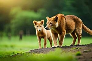 two brown dogs standing on a grassy field. AI-Generated photo