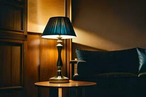 a lamp is on a table in front of a couch. AI-Generated photo