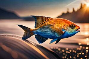 a fish is swimming in the water at sunset. AI-Generated photo