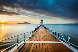 a long exposure photograph of a lighthouse at sunset. AI-Generated photo