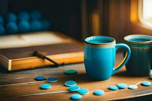 two blue coffee mugs on a table with a book and a pen. AI-Generated photo