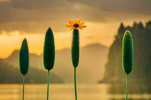 photo wallpaper the sky, flowers, the sun, the mountains, the lake, the water,. AI-Generated