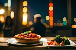 un plato de comida con un ver de el ciudad. generado por ai foto