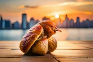 un pollo es sentado en parte superior de un un pan bollo. generado por ai foto