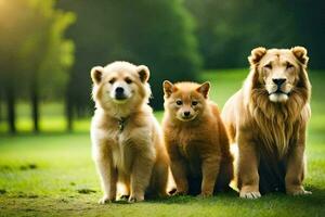 Tres perros y un león sentado en el césped. generado por ai foto