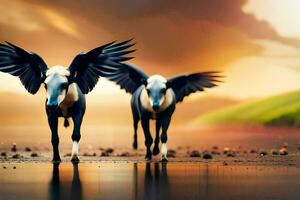 two horses with wings spread out on the ground. AI-Generated photo