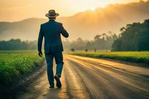 a man in a suit and hat walks down a road at sunset. AI-Generated photo