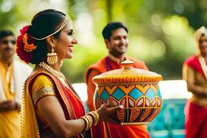 a woman in a sari holding a pot. AI-Generated photo