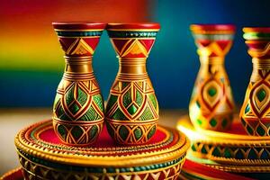 colorful vases on a table with colorful designs. AI-Generated photo