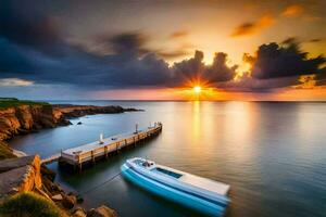 a boat docked at the end of a dock at sunset. AI-Generated photo