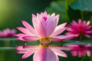 pink lotus flower in water with green leaves. AI-Generated photo