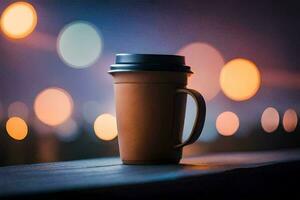 a coffee cup sits on a table in front of a bokeh background. AI-Generated photo