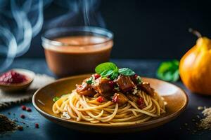 spaghetti with meat and vegetables in a bowl with a cup of coffee. AI-Generated photo
