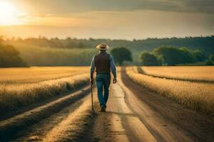 un hombre caminando abajo un suciedad la carretera a puesta de sol. generado por ai foto