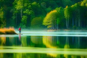 a man is standing on a paddle board in a lake. AI-Generated photo