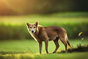 a dog standing in the grass at sunset. AI-Generated photo